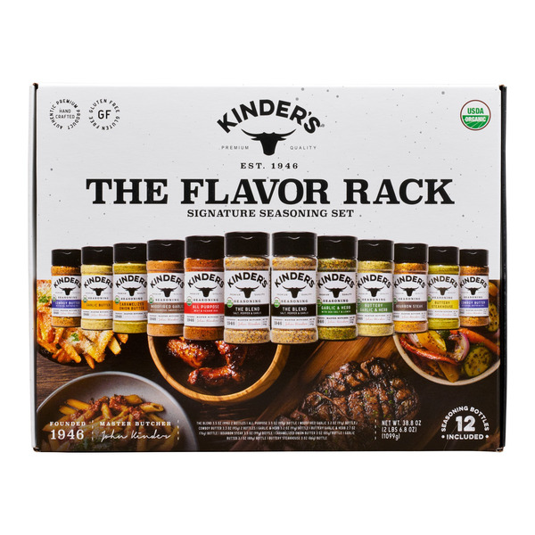 Kinder's Flavor Rack packaging showing a line of seasoning bottles.